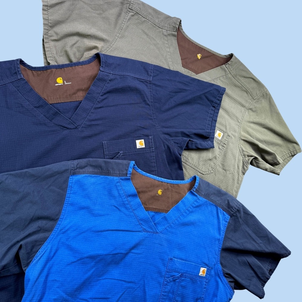 Lot of 2 Carhartt Scrub Tops Men L Multi Color V-Neck Ripstop Pocket‎ Medical